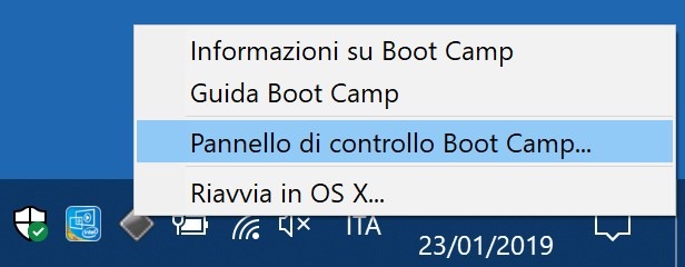 Menu dell'icona di Boot Camp nella barra delle applicazioni di Windows 10