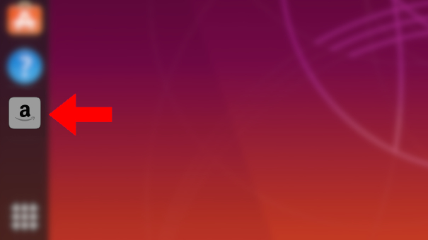 Amazon, in grigio, su Ubuntu 19.10, indicato con una freccia rossa.