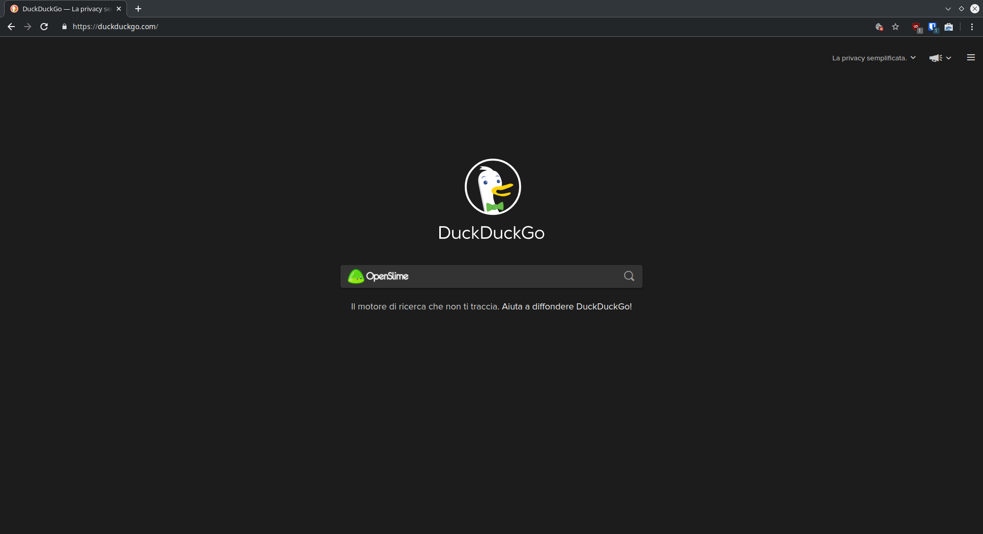 Home page di DuckDuckGo, aperto su ungoogled-chromium