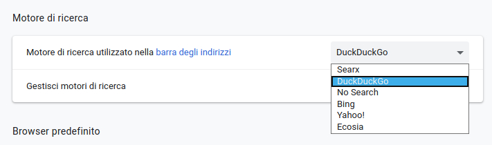 Sezione "Motore di ricerca" nelle impostazioni del browser