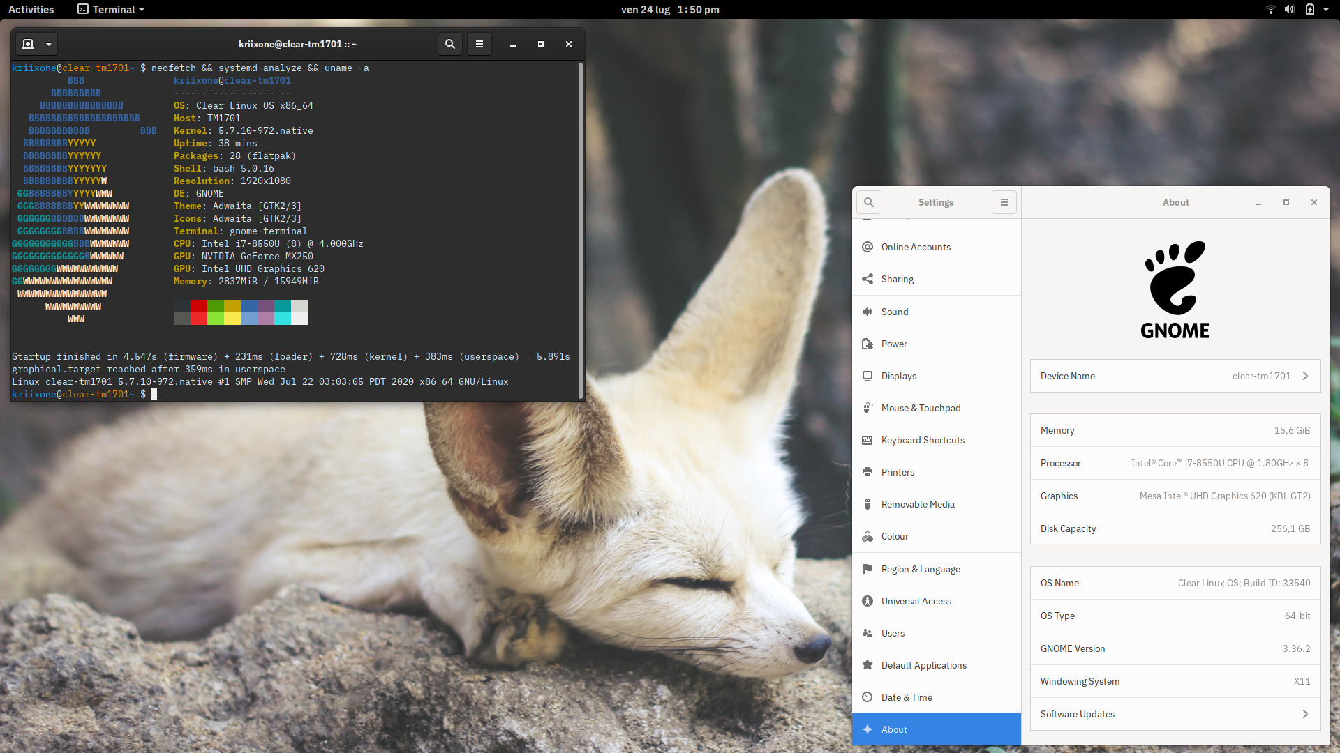 Desktop Gnome 3.36 su Clear Linux