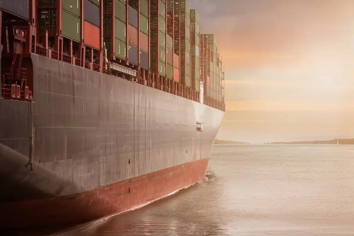 Container di spedizione in un porto con navi cargo e mezzi di trasporto logistici