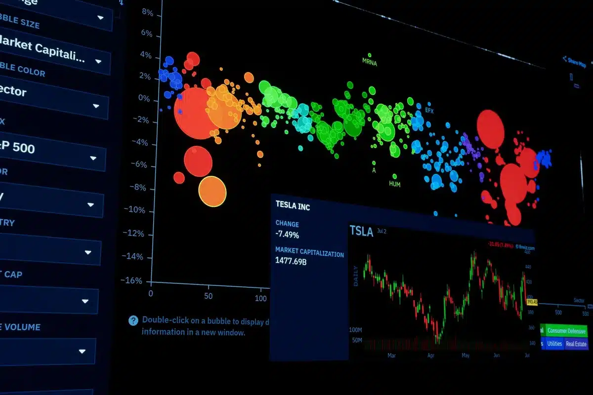 Schermata di una dashboard interattiva con grafici colorati e widget di dati su uno schermo