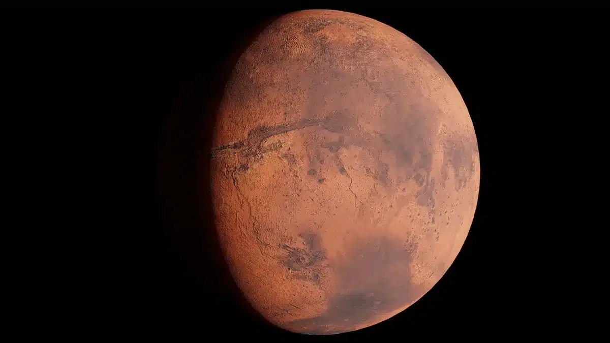Illustrazione del pianeta Marte e delle sue due lune, Phobos e Deimos, con la sonda MMX in avvicinamento.