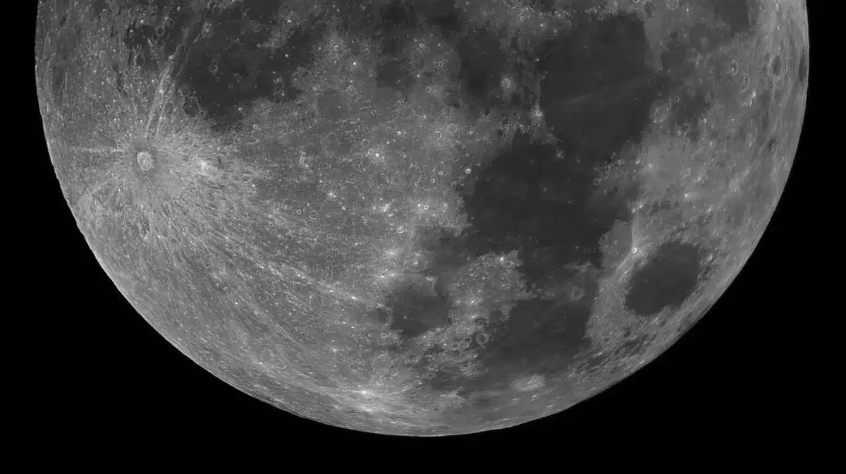 Rappresentazione artistica di una base lunare permanente al Polo Sud con moduli di supporto e infrastrutture