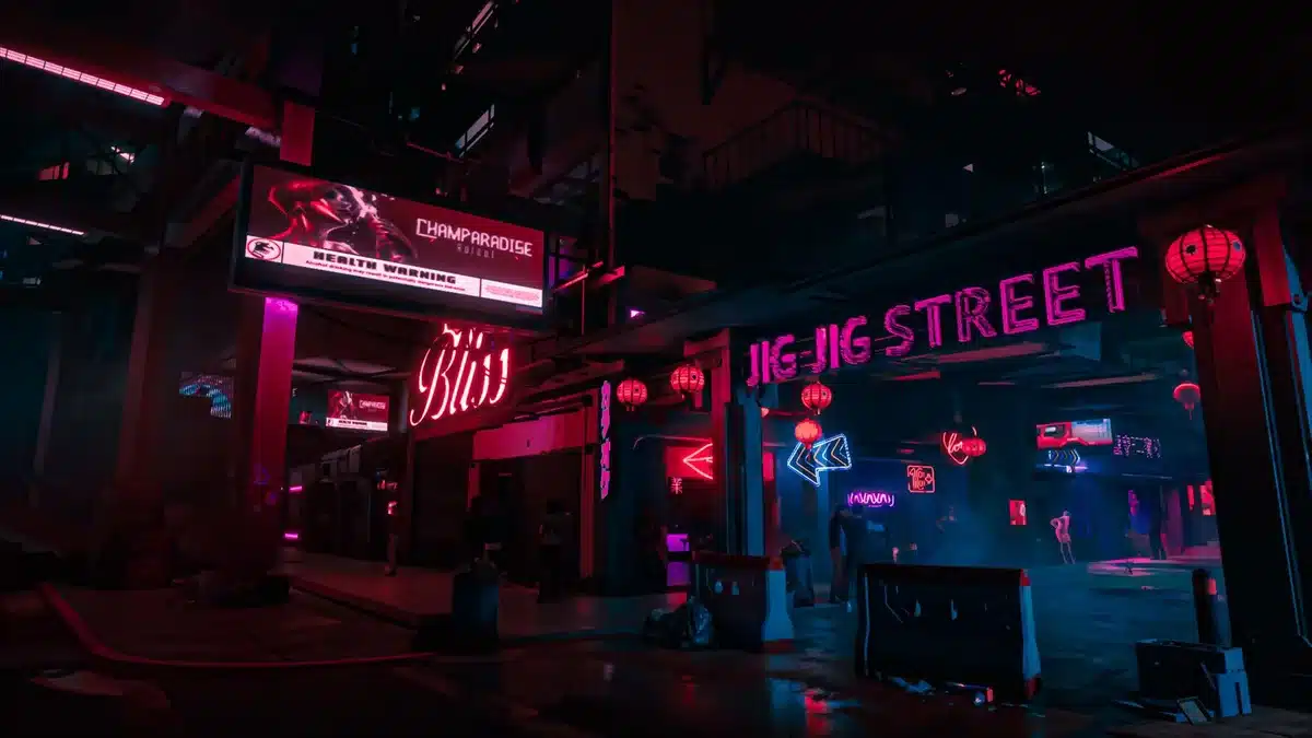 Città futuristica con neon e grattacieli illuminati di notte