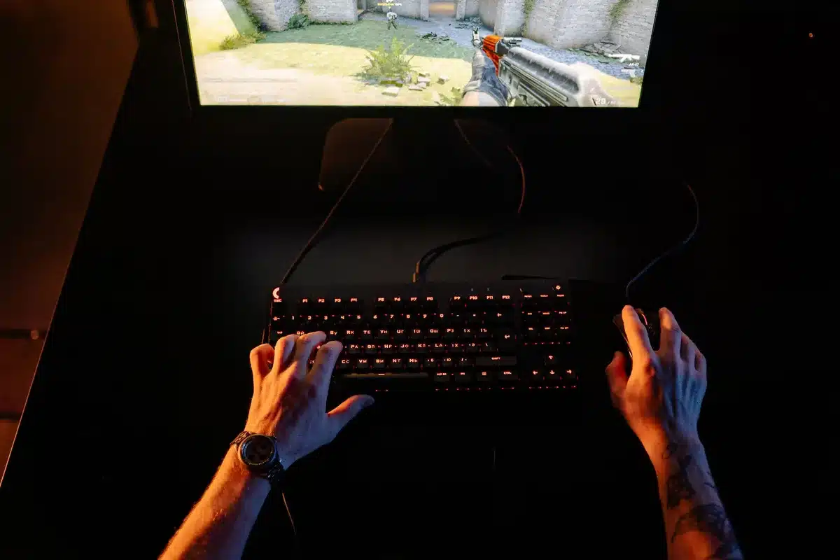 Schermata di gioco con visuale in prima persona e armi futuristiche