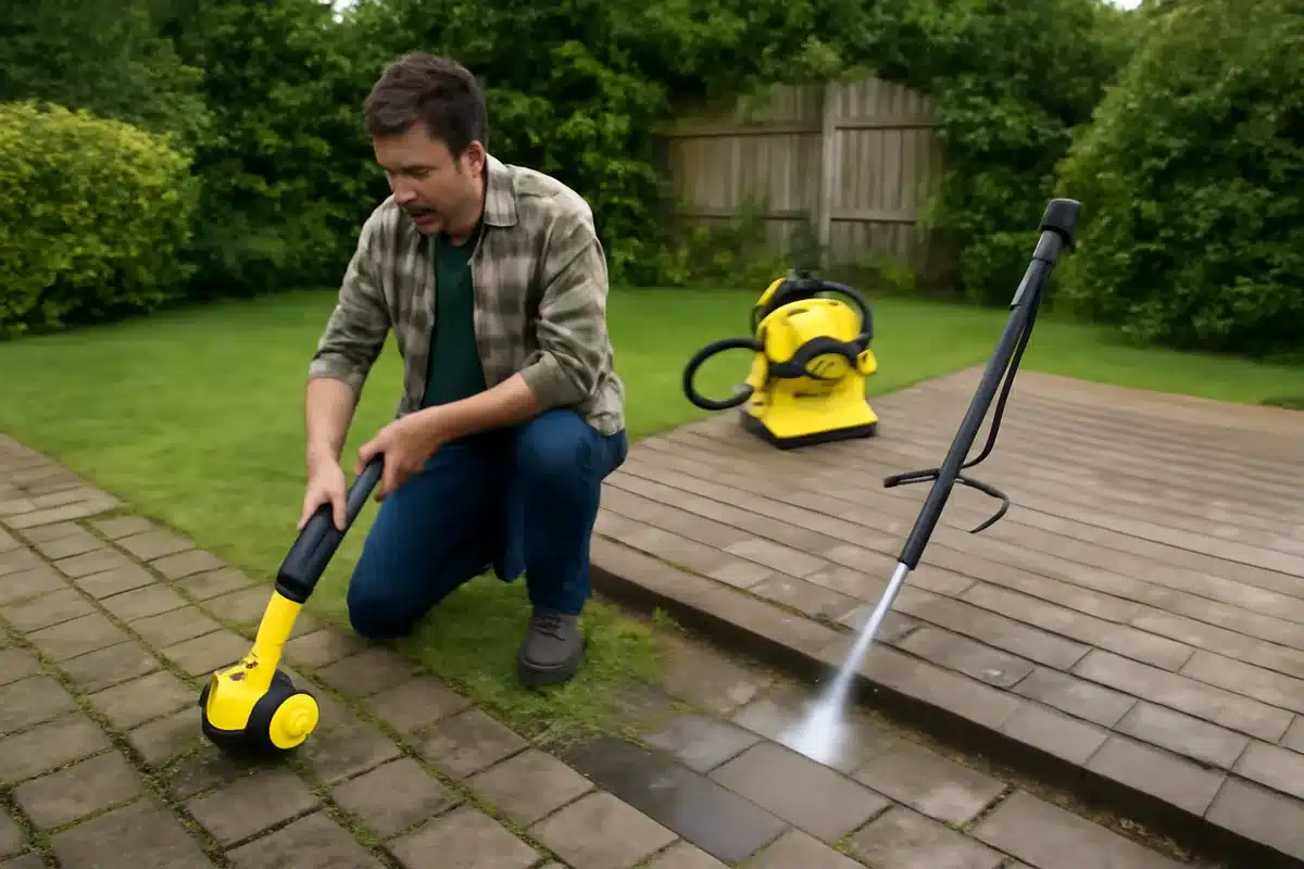 Tre soluzioni Kärcher per restituire ordine al giardino — Le proposte in promozione coprono interventi diversi. Dalla rimozione di muschi ed erbe, alla pulizia delicata di pavimenti in legno, fino al lavaggio ad alta pressione delle aree in pietra.