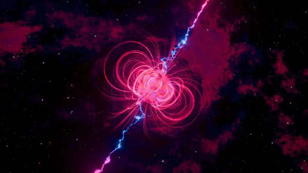 Rappresentazione di un sistema binario di stelle catturato dalla gravità di un buco nero