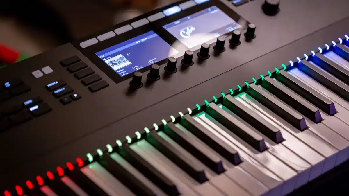 Tastiera MIDI collegata a un computer durante la creazione musicale