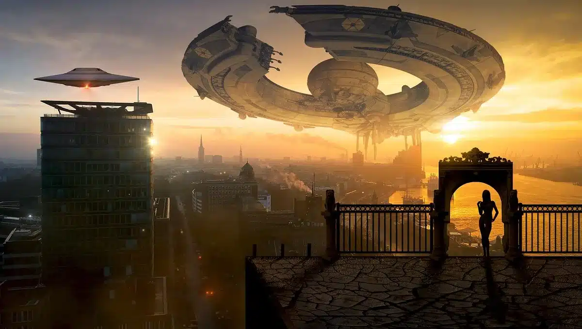 Diversi tipi di veicoli futuristici pronti per una gara nello spazio