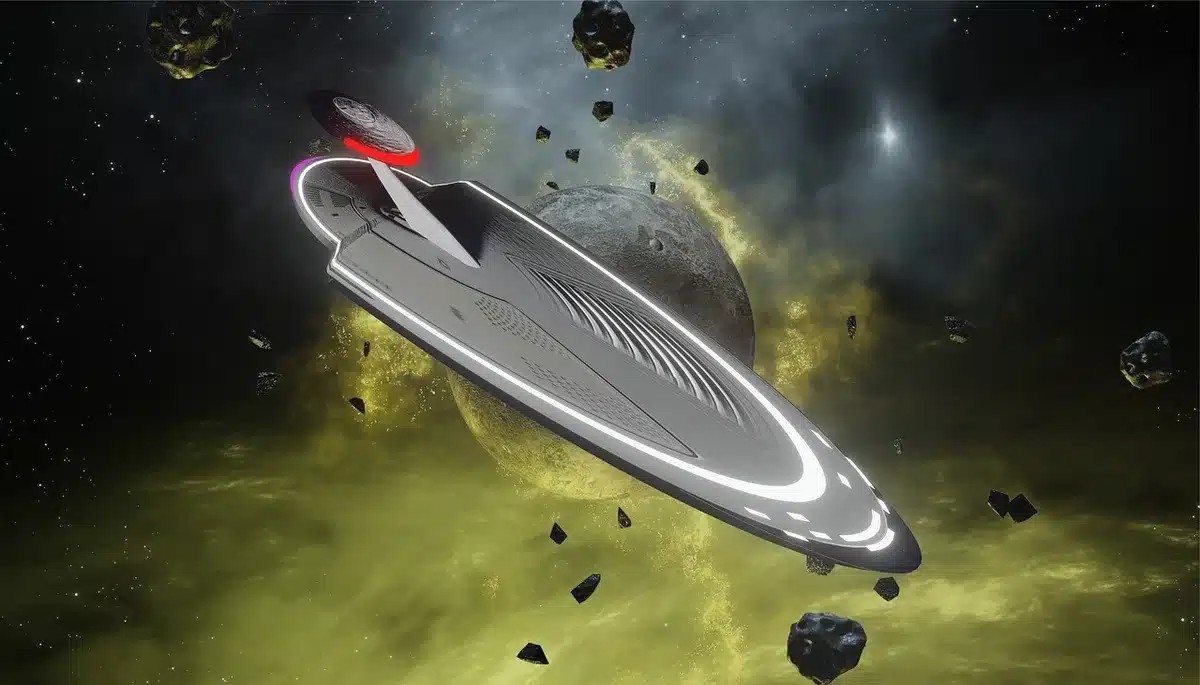 Pilota anonimo al volante di un veicolo futuristico in una gara nello spazio