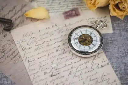 Mani anonime che sfogliano lettere antiche e un abito d'epoca su un tavolo