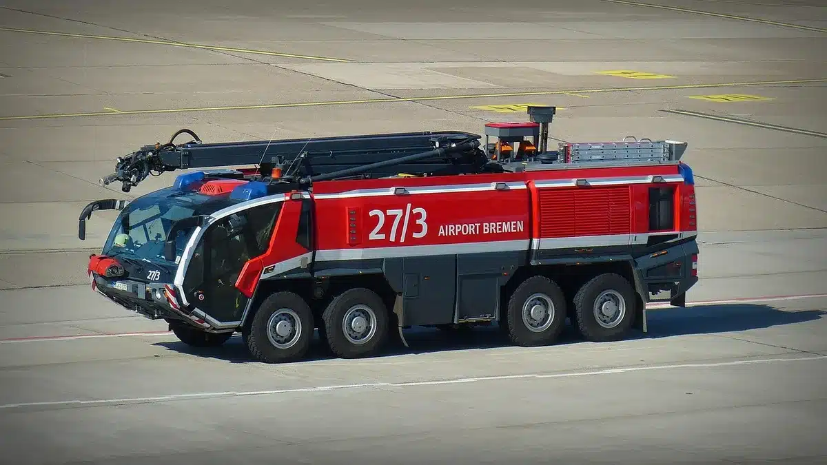 Personale di emergenza anonimo sul piazzale con un aereo danneggiato sullo sfondo