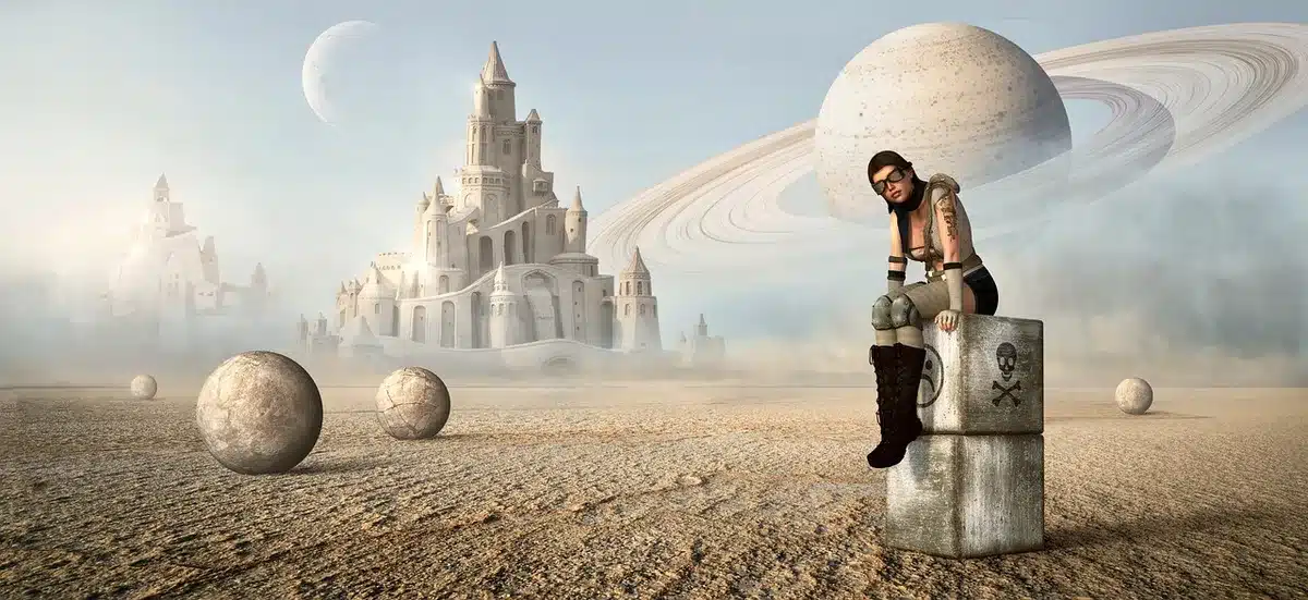 Motocicletta futuristica nel deserto collegato a diverse regioni