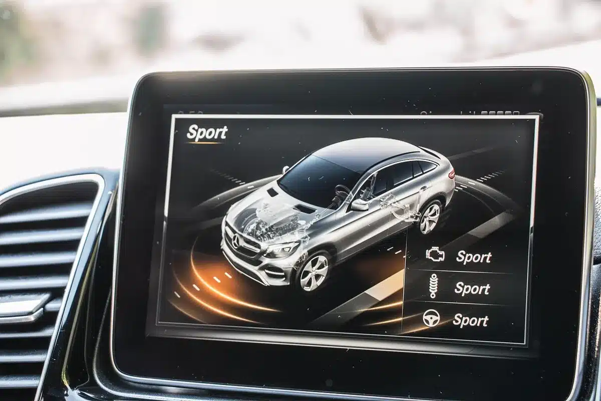 Schermo infotainment con navigazione e indicatori di servizi connessi